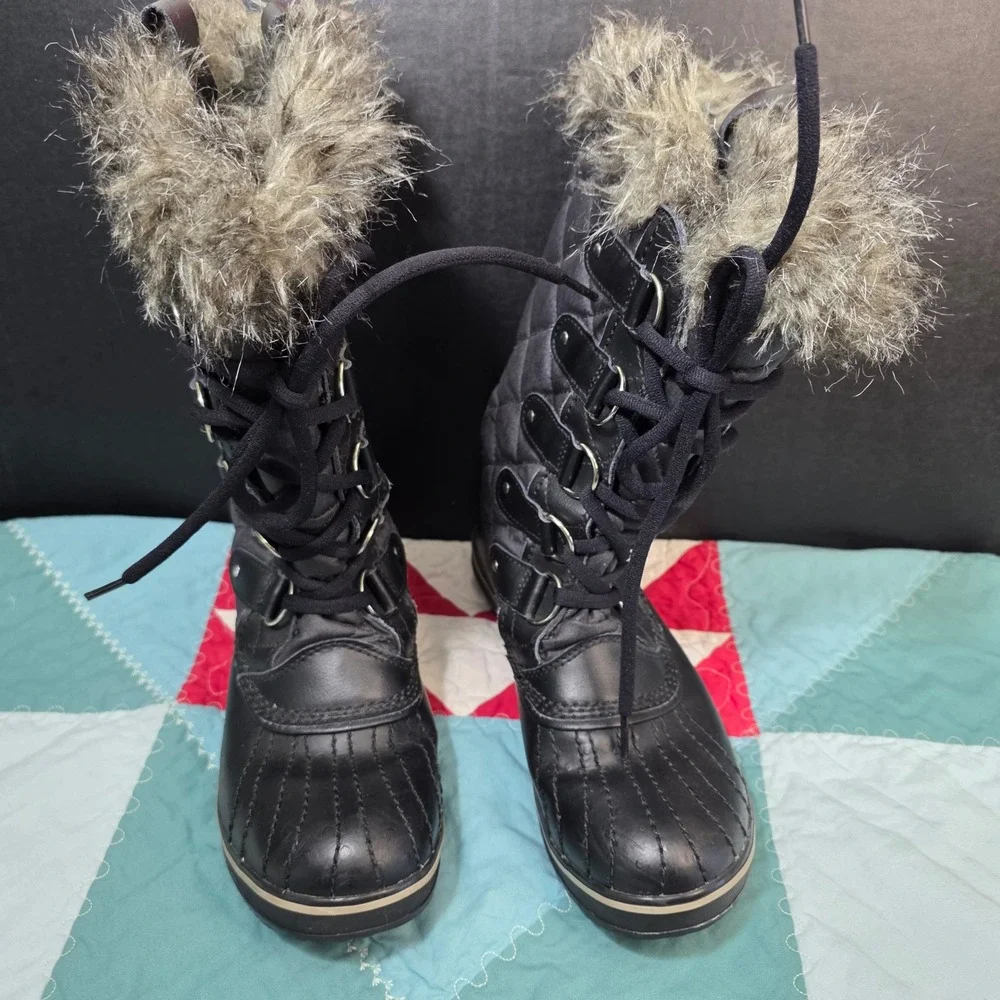 Sorel Tofino Winter Boots Womens 7.5 Black Waterproof Quilted Faux Fur Trim *SEE